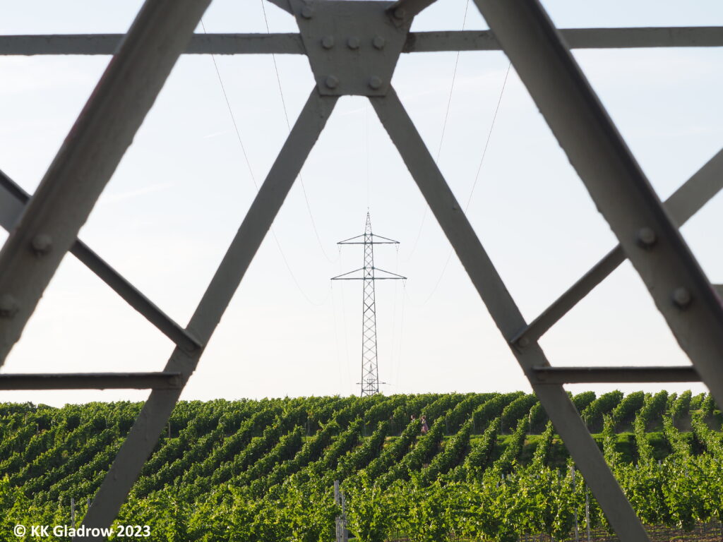 Blick von Weingut Weinmann: Strommasten